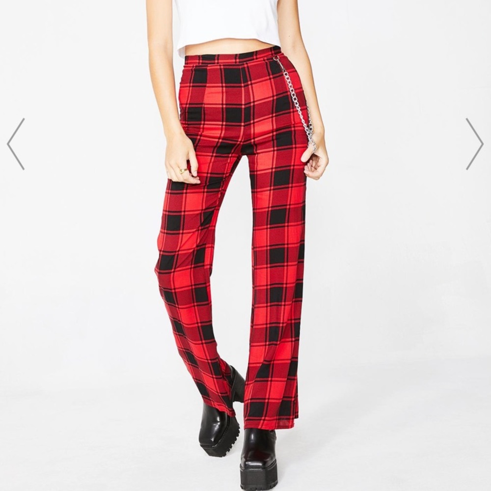 Red plaid high waisted pants with chain - NWT